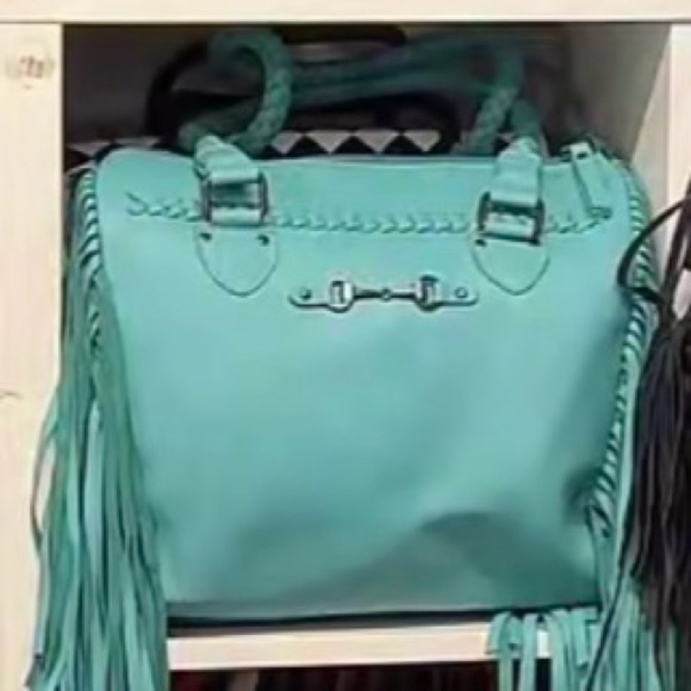 New Turquoise Fringe Tote Bag with Silver Hardware